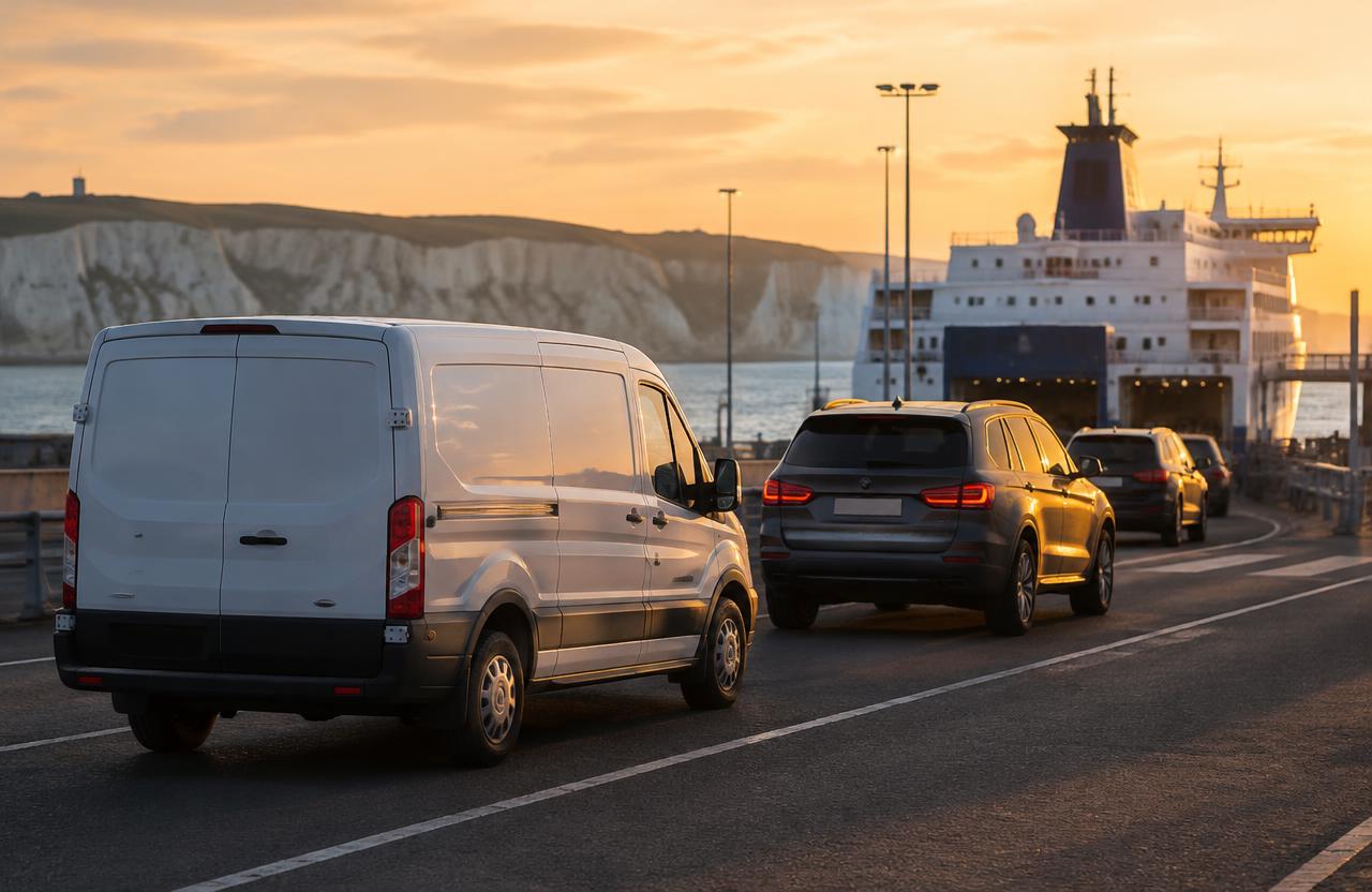 Van and car queuing to board a ferry at a Channel port