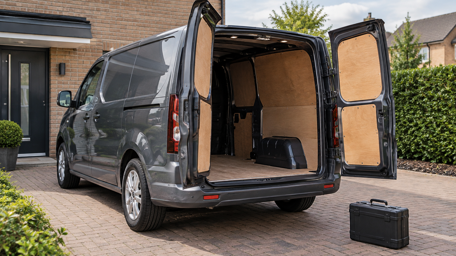 Illustrative photograph of a modern van with its rear doors open on a UK driveway.