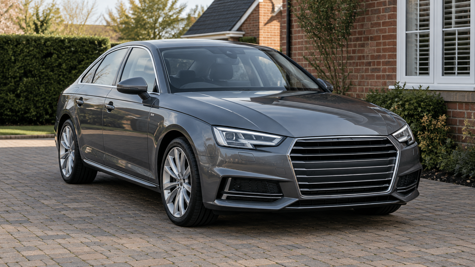 Illustrative grey Audi A4 saloon parked on a brick-paved UK driveway in natural daylight.