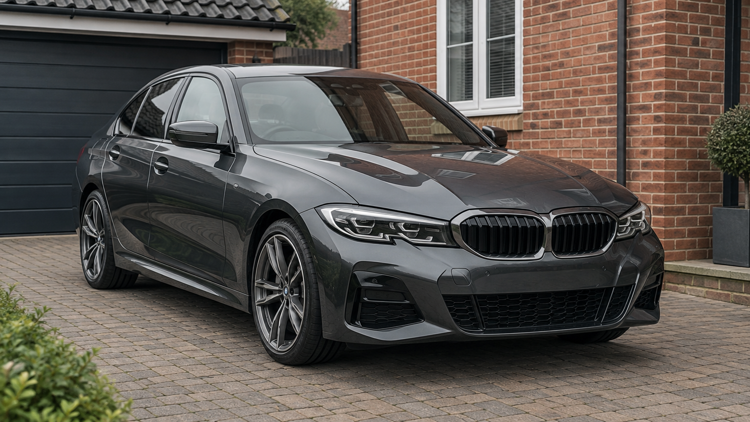 Illustrative photograph of a BMW 320d saloon parked on a brick-paved UK driveway in natural daylight.