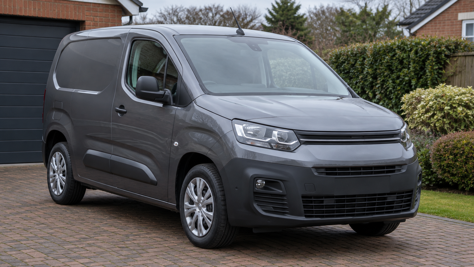 Illustrative grey Citroën Berlingo van parked on a UK driveway in natural daylight.