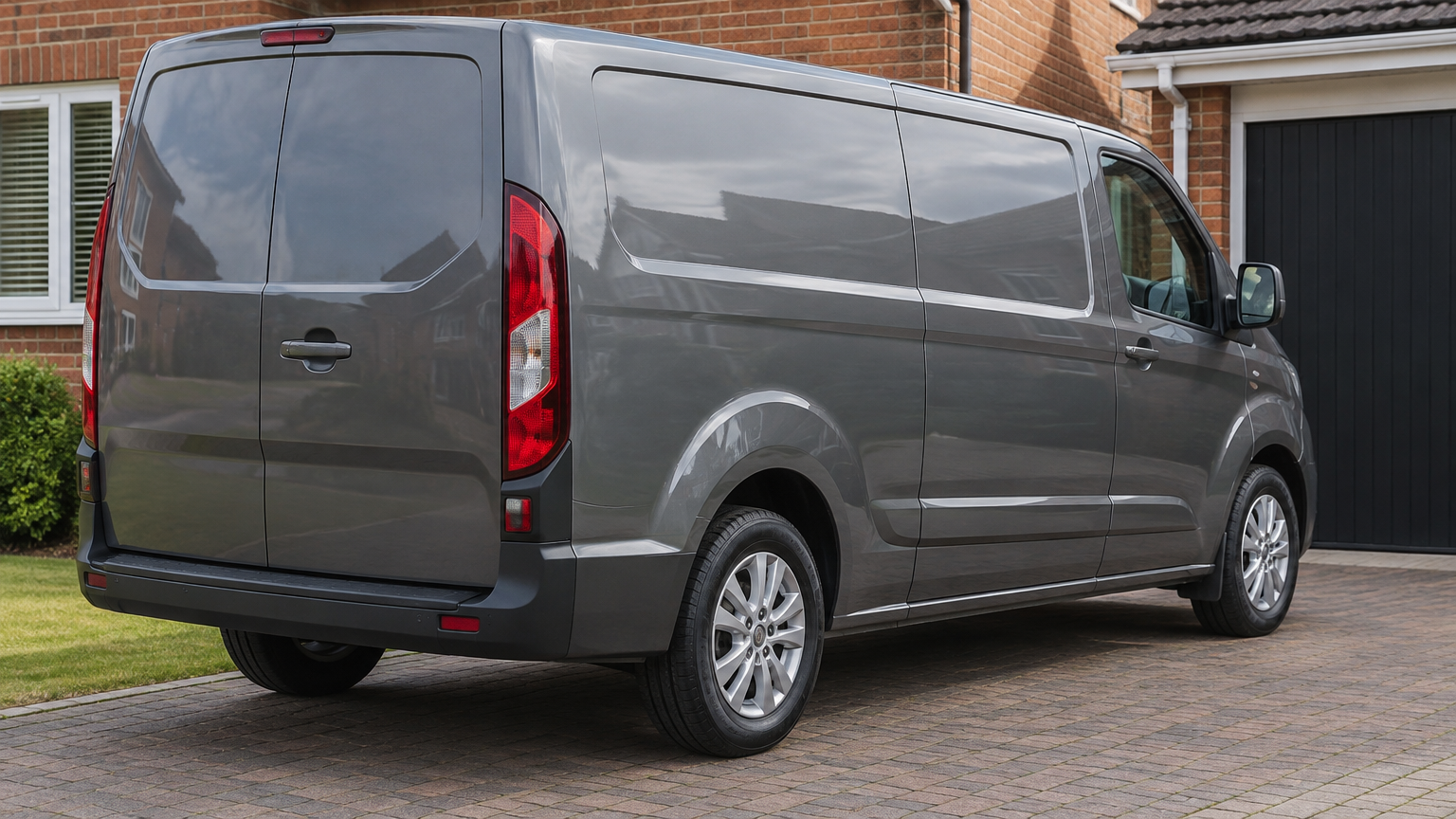 Illustrative photograph of a modern van parked on a brick-paved UK driveway in natural daylight.